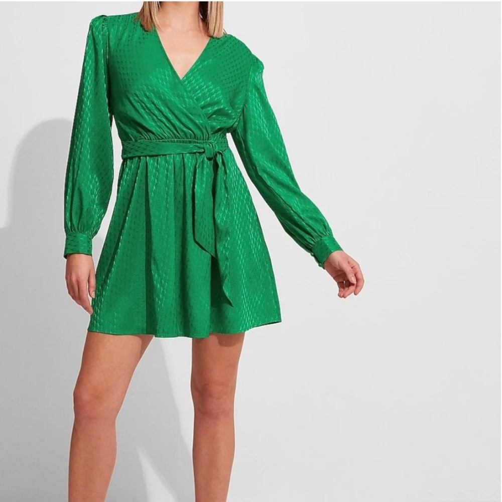 Express Jacquard Satin Tie-Waste, Long Sleeve Mini Dress - Green Lush